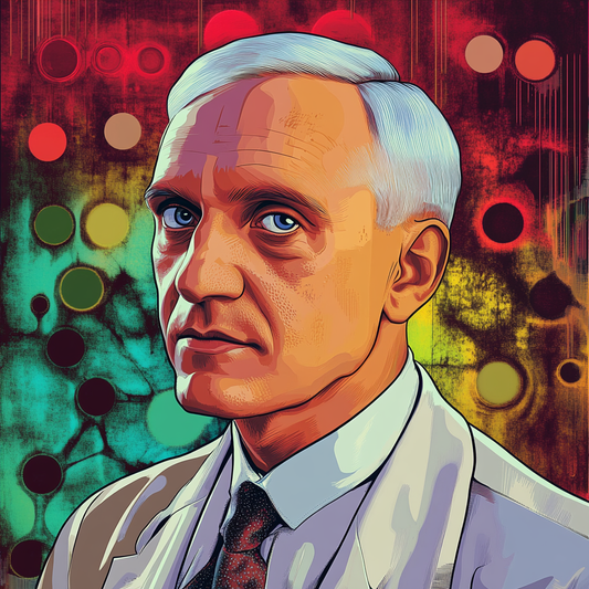 An artistic illustration of Alexander Flemming, the renowned bacteriologist known for discovering penicillin.
