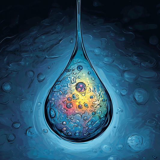 Abstract digital artwork featuring a glowing waterdrop in a swirling blue background, symbolizing Antonie van Leeuwenhoek's groundbreaking discoveries in microbiology