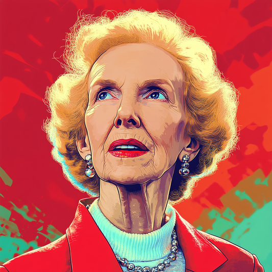Artistic illustration of noted polio research Dorothy Horstmann with short, curly blonde hair, dressed in a red blazer over a white turtleneck sweater and a pearl necklace