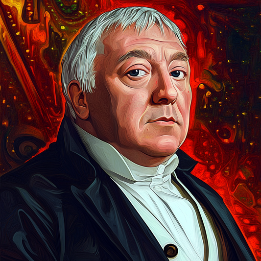 Artistic illustration of Edward Jenner with white hair, dressed in historical attire, set against a vibrant red and orange abstract background. Pioneer of the smallpox vaccin
