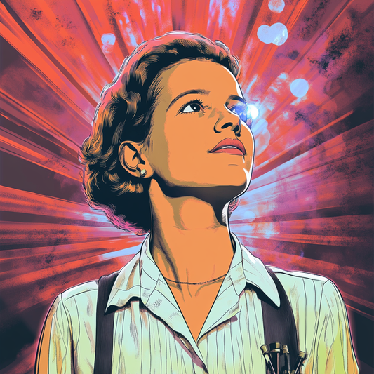 Illustrated portrait of Esther Lederberg in a white shirt and suspenders, with a vibrant red and purple background. Key contributor to microbiology and genetics
