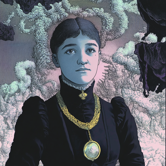Stylized portrait of micobiologist Angelina Hesse in a dark, high-collared Victorian dress with a gold chain necklace and large pendant. The background features intricate, cloud-like patterns in shades of purple and white, creating a surreal atmosphere.