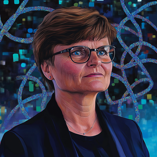 Stylized portrait of Katalin Kariko, featuring a colorful, abstract background. Key figure in developing mRNA technology.