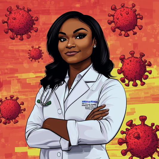Artistic illustration of Kizzmekia Corbett, a renowned immunologist. Her confident expression and poised stance her groundbreaking contributions to vaccine research.