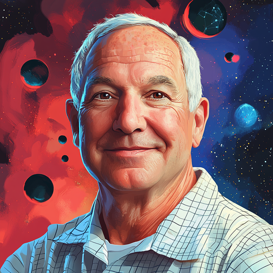 Artistic illustration of Stanley Falkow, notable microbiologist, in a white checkered shirt with white hair.