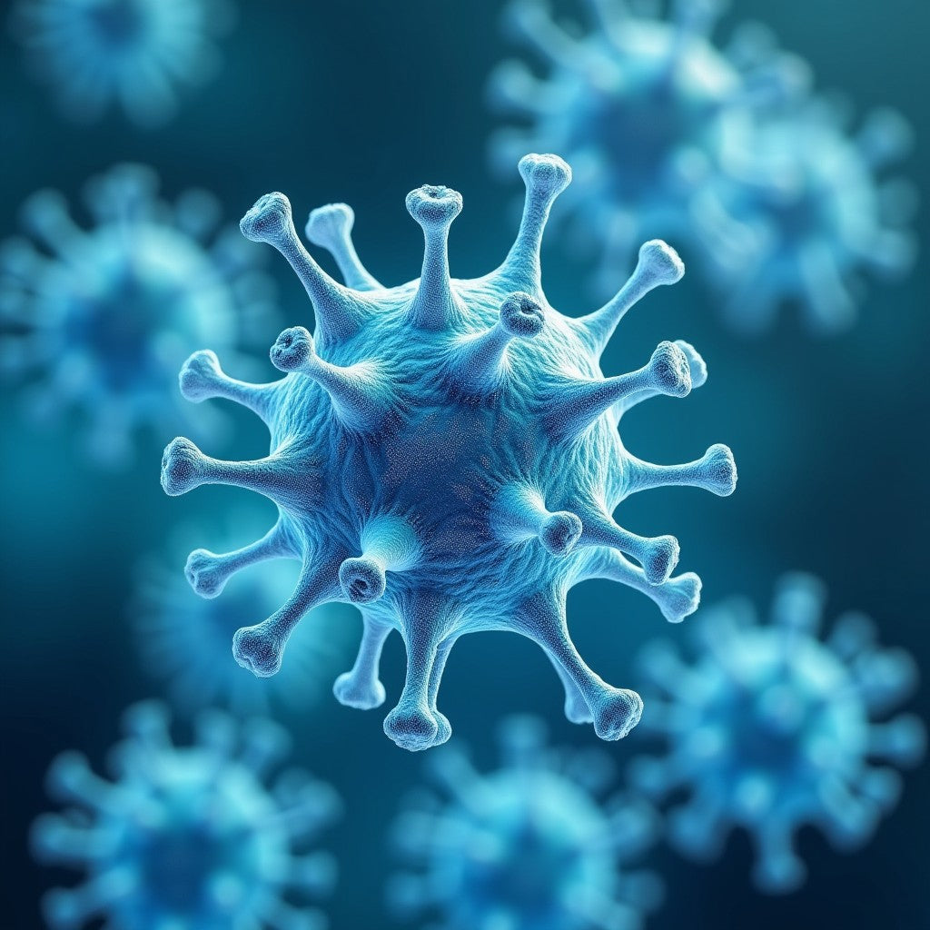 3D rendering of a virus particle with spike-like protrusions, representing clinical microbiology