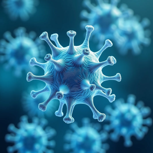 3D rendering of a virus particle with spike-like protrusions, representing clinical microbiology