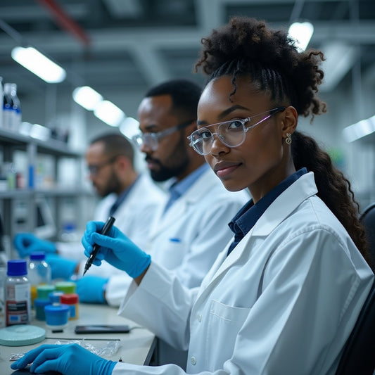 Scientists working with microbiology lab equipment in a high-tech industrial microbiology lab