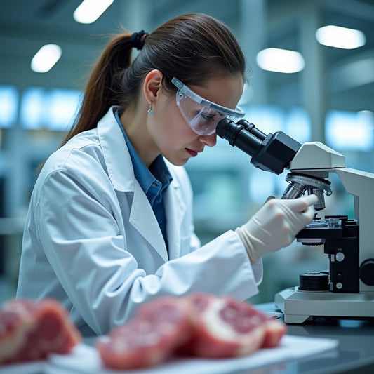Food A woman scientist examining a sample from raw meat under a microscope