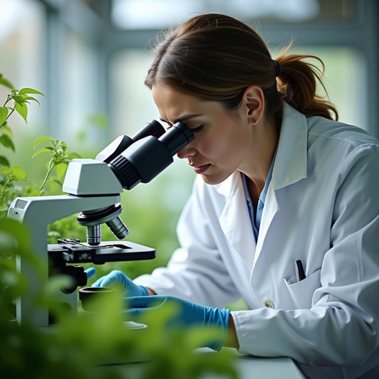 An agricultural scientist examining a sample under a microscope with plants in the background
