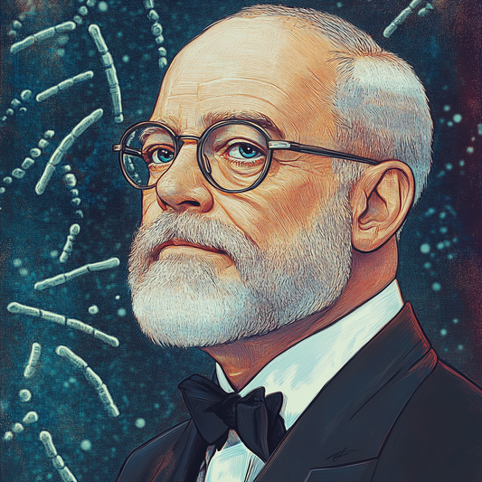 Stylized portrait of Robert Koch in a formal suit with a bow tie, standing against a backdrop featuring stylized bacteria. Renowned microbiologist known for discovering the bacteria causing tuberculosis and cholera.