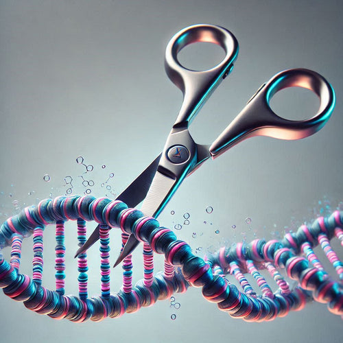 Scissors paired with the vibrant DNA helices representing CRISPR editing DNA