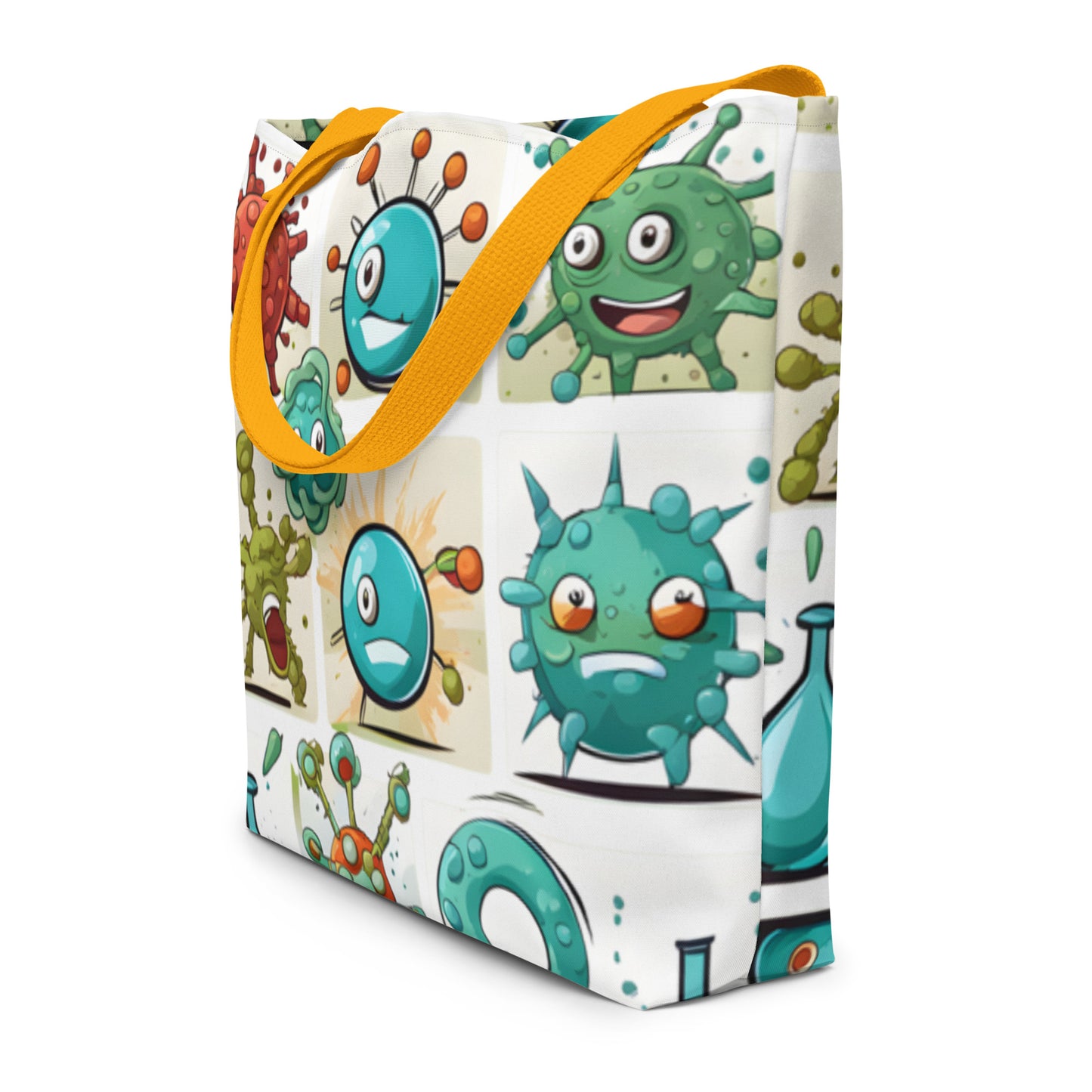 all-over-print-large-tote-bag with playful and colorful microbiological illustrations and yellow handle
