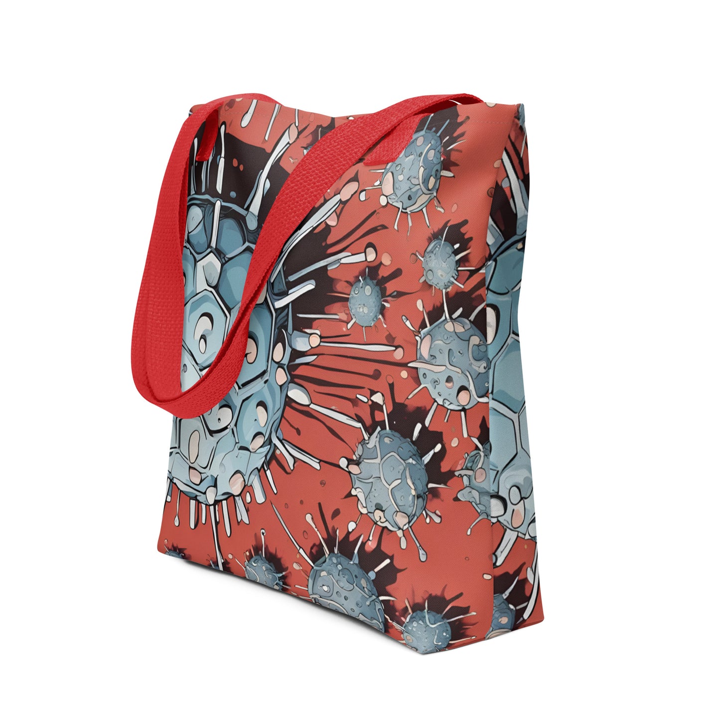 all-over-print-tote-bag with an illustrations of a virus and black handle
