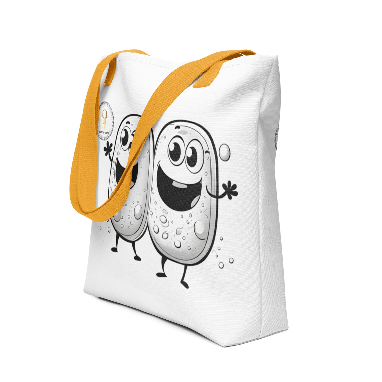 Yellow handle tote bag featuring black and white microbiology image of two cells budding
