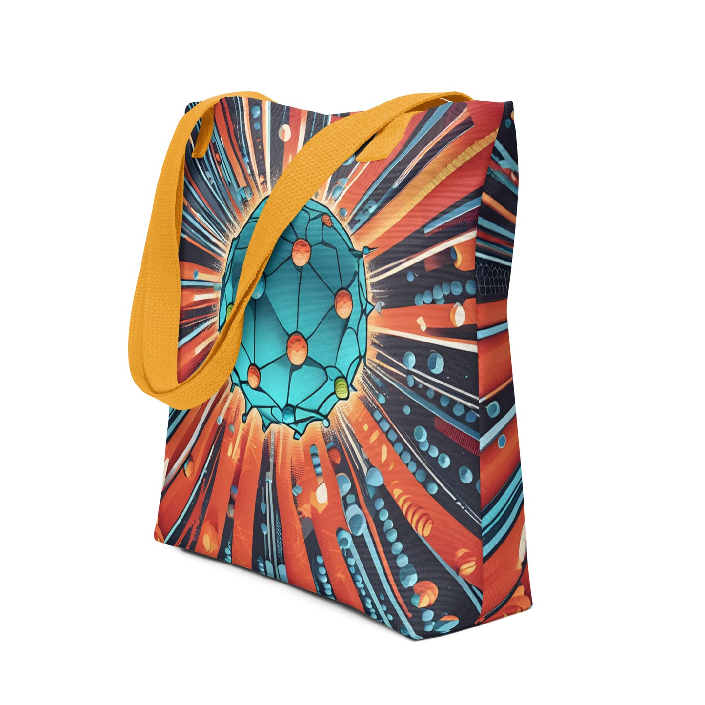 all-over-print-tote-bag with an illustrations of a virus and yellow handle