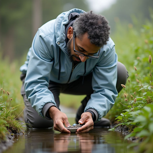 Agricultural microbiologist collecting water samples from a stream in a lush, natural setting