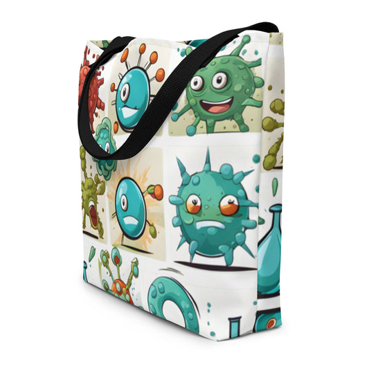 all-over-print-large-tote-bag with playful and colorful microbiological illustrations and black handle