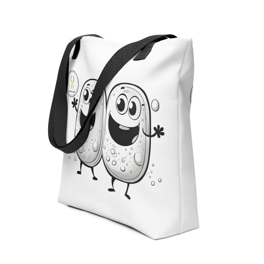 Black handle tote bag featuring  black and white microbiology image of two cells budding