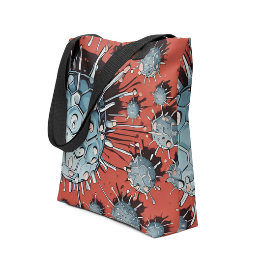 all-over-print-tote-bag with an illustrations of a virus and black handle