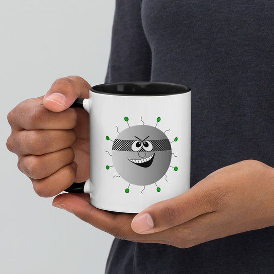 Mug featuring a whimsical cartoon image of a virus and a burst of color inside. 